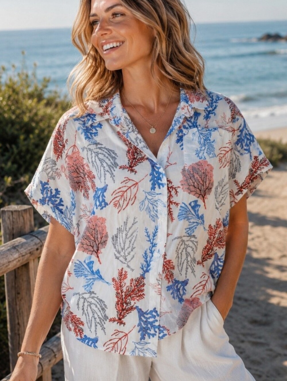 Jane + Delancey Coral Reef Linen Blend Button Front Coastal Blouse Top M NWT
